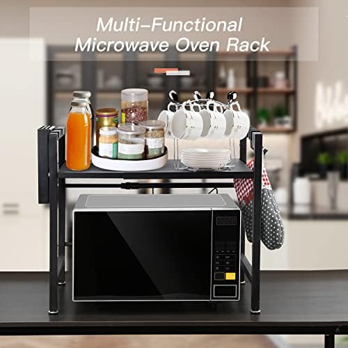 YGYQZ Expandable Microwave Oven Rack - Toaster Shelf 2-Tier with 6 Hooks Kitchen Counter Top Organizer Heavy Duty Adjustable Microwave Shelf