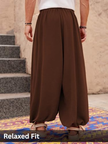 Image of Leriya Fashion Men's Boho Hippie Harem Pants | Black Printed Wide-Leg Trousers | Koren Streetwear Loose Baggy Fit Summer Lounge Yoga Lowers | Men's Solid Cowl Dhoti Pants | Relaxed Fit Draped Harem