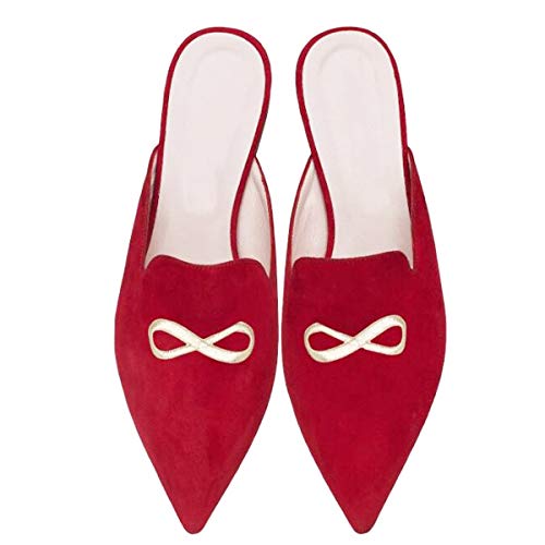 Image of Fericzot Women's Velvet Backless Pointed Toe Slip On Loafers Flats Embroidery Mule Slippers Shoes