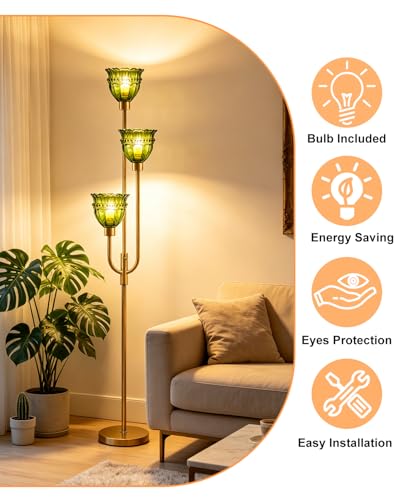 Image of Lightdot 66IN 3-Lights Modern Glass Floor Lamp Gold Dimmable Floor Lamps with 3000K Warm White Bulbs for Wedding Party Tall Standing Lamp with Green Glass Shade for Living Room /Bedroom /Home Decor