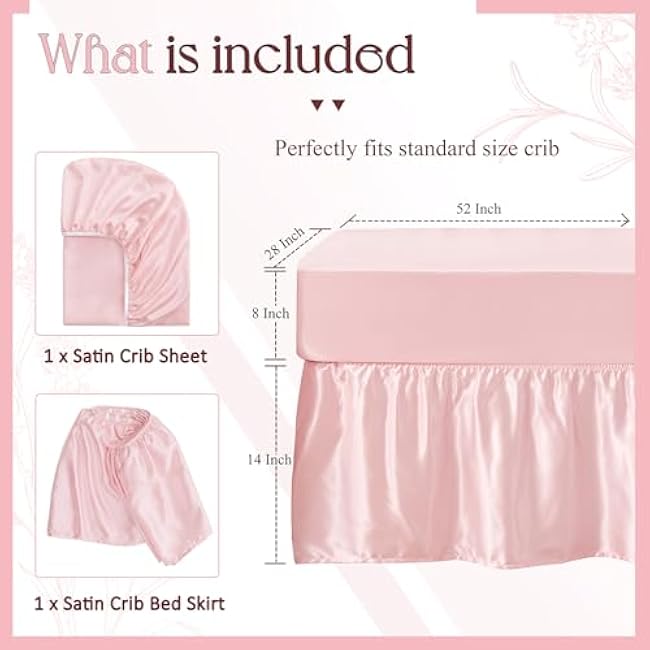 SiinvdaBZX 2-Piece Set Satin Crib Sheets & Crib Bed Skirt, 52 x 28 Silky Soft Ruffled Baby Crib Skirt with Adjustable Elastic 14 Drop, Fit for Standard Crib & Toddler Bedding (Pink)
