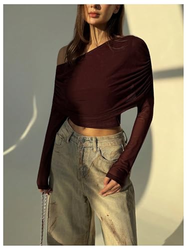 Image of SweatyRocks Women's Sheer Mesh Off Shoulder Tops Long Sleeve Ruched Fitted Crop Tops Night Out Tees