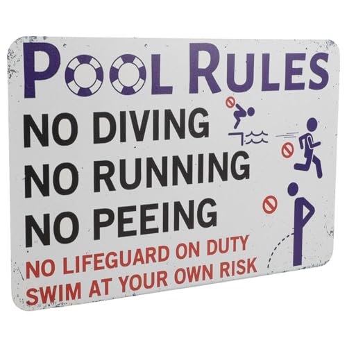HANABASS Pool Rules Sign, Metal Pool Signs and Decor for Outdoor, No Diving No Running No Peeing Swim at Your Own Risk, Pool Safety Signs for Outside 30X20CM