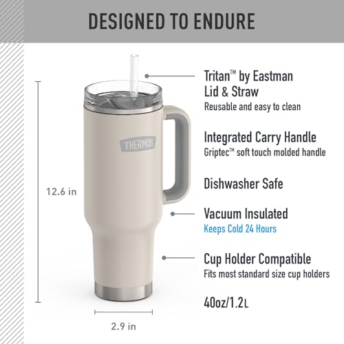 Image of THERMOS Stainless Steel Cup Holder Mug - 40 Ounce, Sandstone - Insulated Tumbler with Lid and Straw, Plus Leak-Resistant Slide Lock