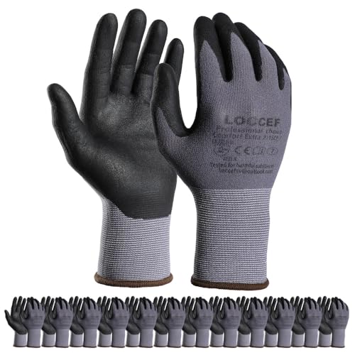 LOCCEF Safety Work Gloves MicroFoam Nitrile Coated-12 works,Seamless Knit Nylon, Home Improvement,Micro-Foam Gloves (9/L
