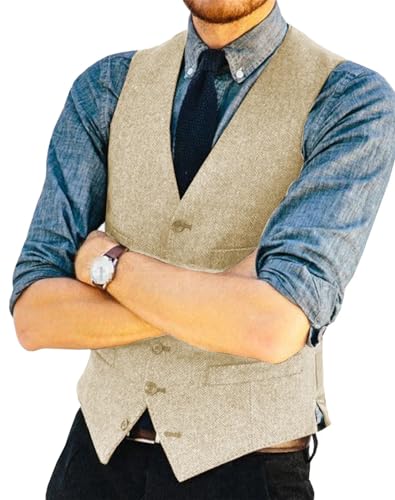 Men Slim Fit Formal Wool Tweed Herringbone V Neck Business Waistcoat For Wedding Groomsmen Men Vest3