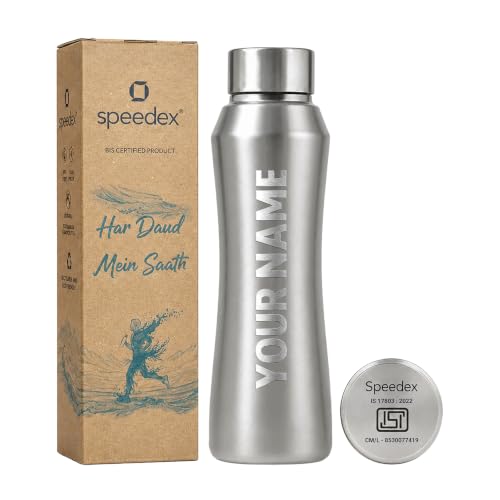 Image of Speedex Customised Stainless Steel Water Bottle 1 Ltr with Engraved Name - Personalised Screw Lid Bottle for Kids, Men & Women, School, Office, Gym, Silver, Set of 1