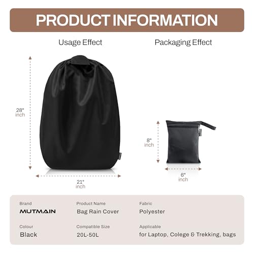 Image of MUTMAIN Full Bag Cover Waterproof rain Cover for Backpack 20L to 50L with Storage Pouch, Drawstring Bag Design, All Side Covered Bags for School, Laptop, Travel and Camera with Shoulder Strap (Black)