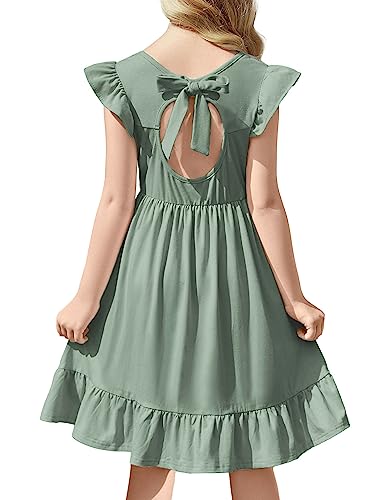 Girls Dress Tie Back Flared Sleeve Ruffle Hem A-Line Sundress Casual Midi Dresses 4-12 Years