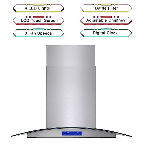 Island Range Hood 36 Inch 700 Cfm Ceiling Mount Kitchen Stove Hood Ducted With Tempered Glass 4 Led Lights Touch Control 3 Speed Fan Permanent Filters Tieasy #TOP2
