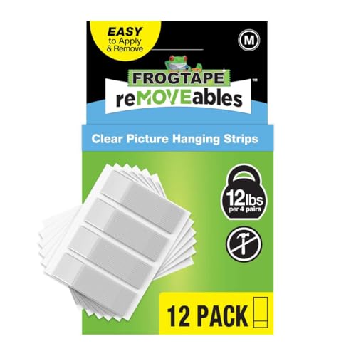 Image of FrogTape reMOVEables Clear Picture Hanging Strips, Medium, 12 Pairs, 12lbs per 4 Pairs, Damage-Free Removeable Adhesive Wall Strips Picture Hangers for Mounting Frames, Canvas, Home Decor (24 Pieces)