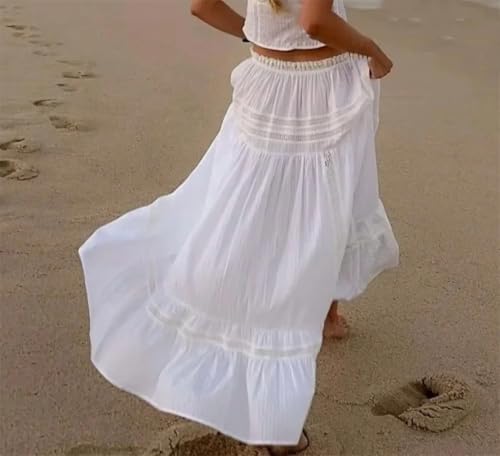 Women Holiday Embroidery Hollow Lace Ribbon Elastic Waist Skirt Ankle Length Long A-Lined Swing Skirts3