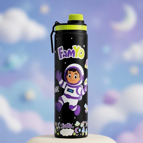 Image of Famyo Stainless Steel Kids Water Bottle 900ml, Leo Astronaut Design | Leakproof Sipper with Carry Loop, BPA Free, Personalizable Name Space, School, Outdoor & Travel, Girls & Boys Ages 4-15