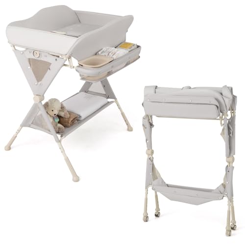 GLACER Foldable Diaper Changing Station, Height Adjustable Changing Table with Storage, Removable & Lockable Wheels, Safety Belt, Water Basin, Mobile Nursery Organizer for Baby Infant Newborn (Gray)