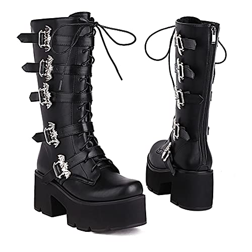 keleimusi Botas femininas de cano médio góticas plataforma com fivelas de morcego pretas altas botas
