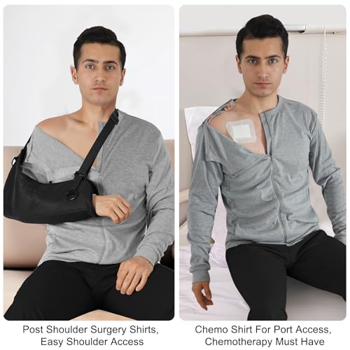 Chemo Port Access Long Sleeve Shirt for Men - Post Shoulder Surgery Recovery with One-Hand Zipper & Puppy Flap4