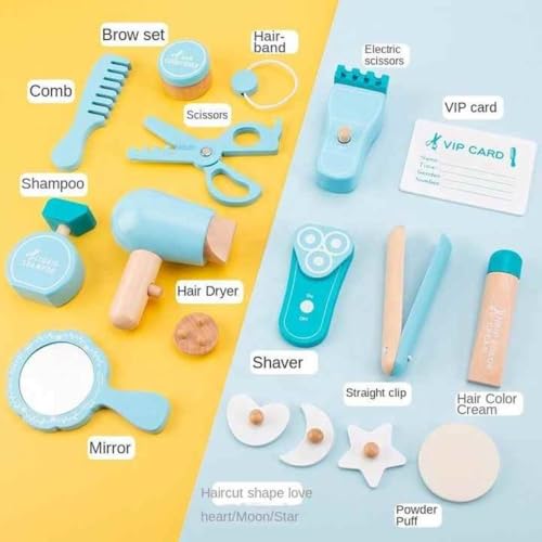 Image of Wudly Wooden Hair Dresser Play Set - Kids' Pretend Hair Salon with Mirror, Comb, Scissors, Hair Dryer & Styling Accessories for Imaginative Play