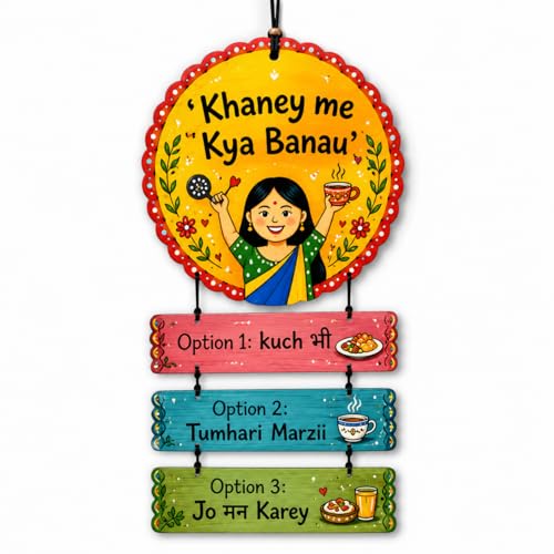 Image of Dakshestry Artworks Funny Hindi Quote Kitchen Wall Hanging | Wooden Kitchen Decor Sign Board | inchKhaney Me Kya Banau inch Wall Art for Dining Room, Cafe, Restaurant & Indian Home Decoration