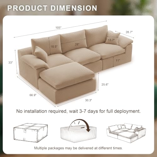 Image of Cloud Sectional Couch, Boneless Couches for Living Room, Camel | L shaped, Modular Sectional Sofa with Deep Seat & Convertible Ottoman, Built for Family Life, Apartments & Living Rooms