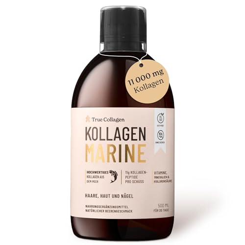 True Collagen Marine - 11000 mg Flüssiges Meereskolagen I Rein hydrolysiertes Kollagen (Typ I & III) I Hyaluronsäure, Biotin, Silica I Haut, Haare, Nägel I Zuckerfrei I 20-Tage-Vorrat
