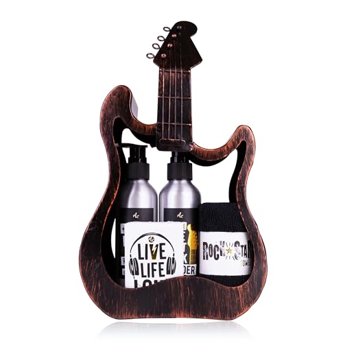 Accentra - Set de presente em metal GITARRE, incl. gel de duche, loção corporal, sabão e toalha - Conjunto incomum de presente para ocasiões especiais como o Dia da Mãe, Dia do Pai, aniversário