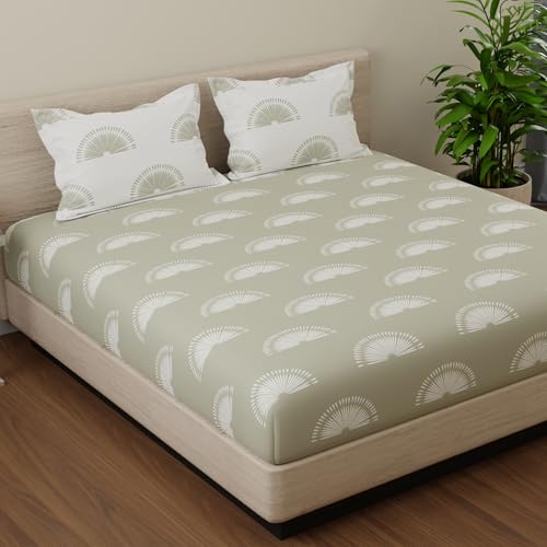 Image of Huesland by Ahmedabad Cotton 144 TC Cotton Bedsheet for Double Bed King Size Elastic with 2 Pillow Covers | Sunrise | Basil Green & White