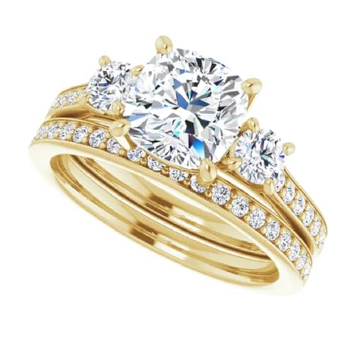 10K Solid Yellow Gold Handmade Engagement Rings 2 CT Cushion Cut Moissanite Diamond Solitaire Wedding/Bridal Ring Sets for Wife/Her Propose Rings