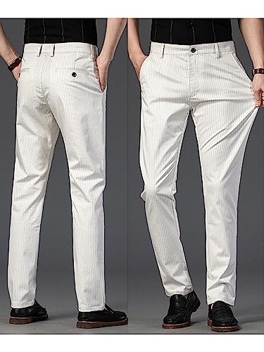 Banana Bucket Mens Summer White Striped Stretch Dress Pants,Casual Lightweight Slim Fit Business Golf Dress Pant3