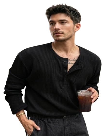 Image of Men's Textured Fabric Solid Color Basic Half-Open Collar T-Shirt, Fall Long Sleeve Men Shirt | Tshirt for Men