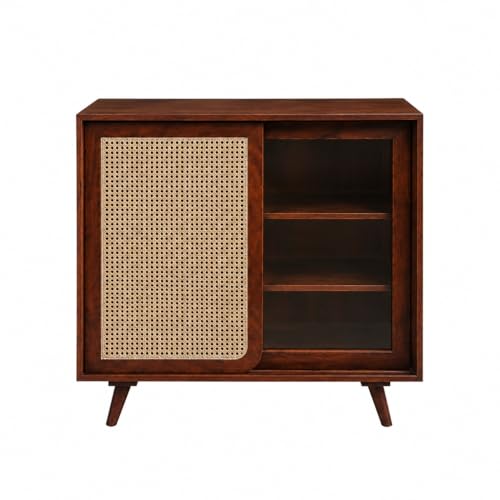 Image of The Attic INES Cabinet, Coffee Table for Living Room, Solid Wood Centre Table with Cane with Sliding Doors, Honey Matt Finish