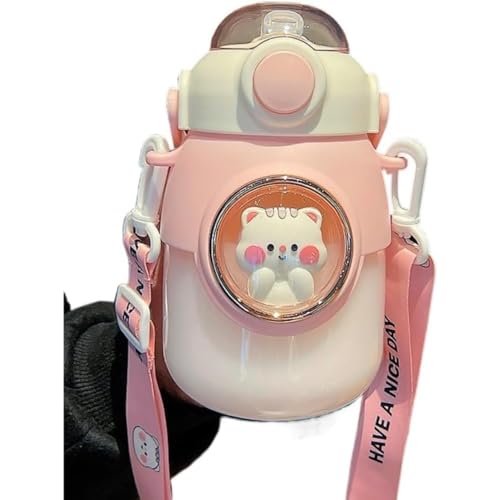 Vlwm かわいいデザイン ウォーターボトル & サーモマグセット - ステンレススチールライナー保温保冷対応 ストロー蓋付き - 子供用に最適 立体ステッカー・ユニバーサルストラップ付属 大容量仕様 (ピンク)