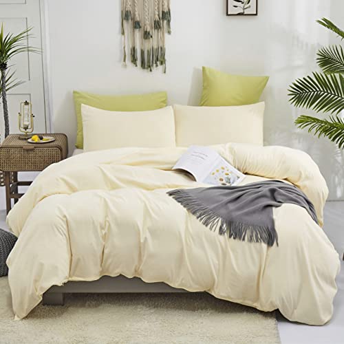 Image of KAREVER Light Yellow Comforter Set King Off White Bedding Set Men Beige Breathable Ivory Bedding Set Women Soft Off White King Ivory Bedding Comforter Set