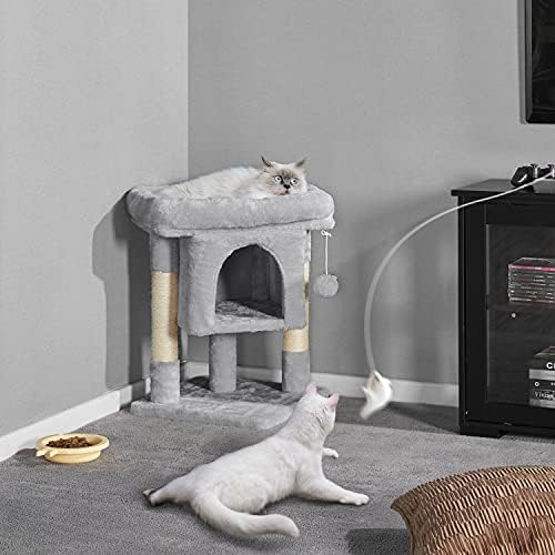 Costoffs 2 Levels Cat Tree Stand Cat Tower Activity Centre Kitten Play House with Plush Perches Scratching Posts, 59cm Light Grey