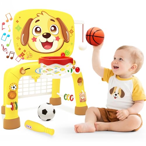Toys for 1 Year Old Boy - Toddler Basketball Hoop & Soccer Goal & Baseball Activity Center with Light Sound Music, Puppy Montessori Sports Toy,...