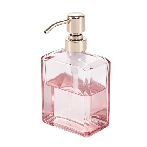 Image of Soap Dispenser Pink Glass Rectangular, Polished Rose Gold Pump | 13.5 oz, Rust Proof Stainless Steel Pump, Refillable, Hand Soap, Liquild Soap, Dish Soap, Bathroom, Kitchen