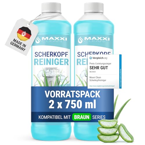 Maxxi Clean | 2x 750 ml Nachfüllflüssigkeit Scherkopfreiniger für Reinigungskartusche | Rasierer Reinigungsflüssigkeit kompatibel mit Braun Reinigungsstation | Reinigungsspray mit Aloe Vera Duft