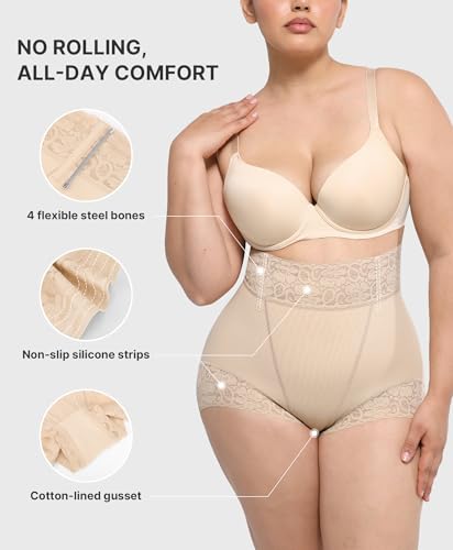 Image of SHAPELLX Mid Waist Tummy Control Shapewear Briefs Lace Body Shaper Panties | Easy to put on, wear as regular underwear, stay-put lace waistband & hems, skin-friendly fabric, invisible under clothing