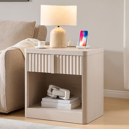 Fluted Nightstand with Charging Station, 23.6″ End Table with Open Shelf and Drawers Storage, Bedside Table with Solid Wood Handle, Curved Profile Design, Night Stand for Bedroom