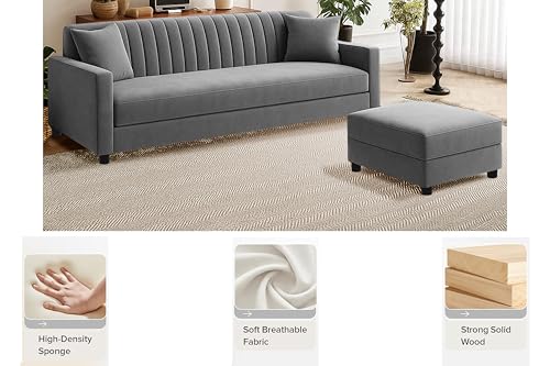 Image of Los Angeles Modern 3-Seater Wooden Sofa Set with Ottoman, Soft Velvet Upholstery, Comfortable Couch for Living Room, Office & Apartment - Grey Color