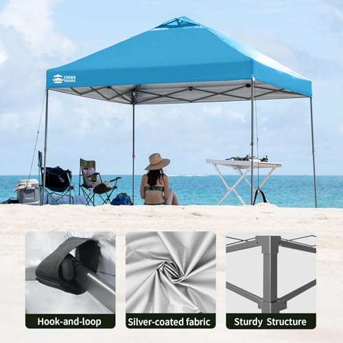 Image of CROWN SHADES Adjustable Height on The Fly, 10x10 Pop Up Canopy - Beach Tent with One Push Setup - Easy Outdoor Sun Shade for Events, Parties, Camping - Outside Shade with STO-N-Go Bag, Sky Blue
