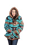 TrailCrest Ladies Smart Plush Sherpa Lined Hooded Sweater Jacket, Zip Up Classic Teal Aztec, Small