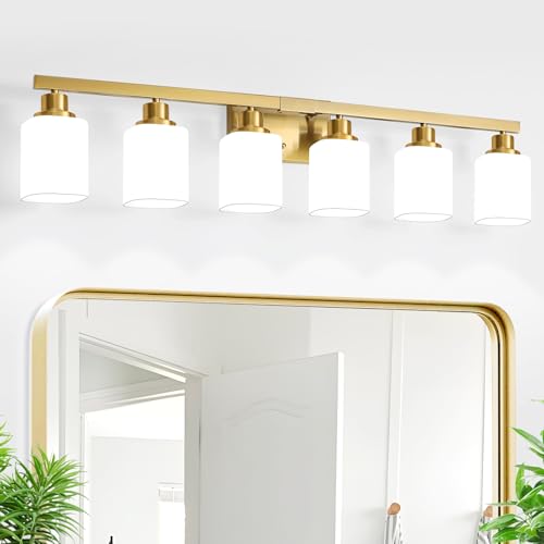 Image of Brushed Gold Bathroom Vanity Light,6-Light Bathroom Light Fixtures with Square Frosted Glass,Gold Bathroom Wall Lamp Sconces for Mirror Bedroom,Living Room Hallway,E26