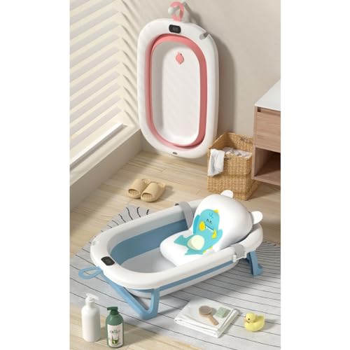 Image of Baby Bath Tub with Temperature Sensor, Bath Chair | Anti Slip Bathtub with Folding Bathing Support | Baby Bath Seat /Sling with Non Slip Suction Base for Babies (Pink-White)