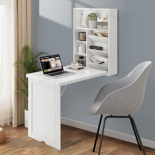 Bureau mural pliable et convertible flottant avec étagères de rangement