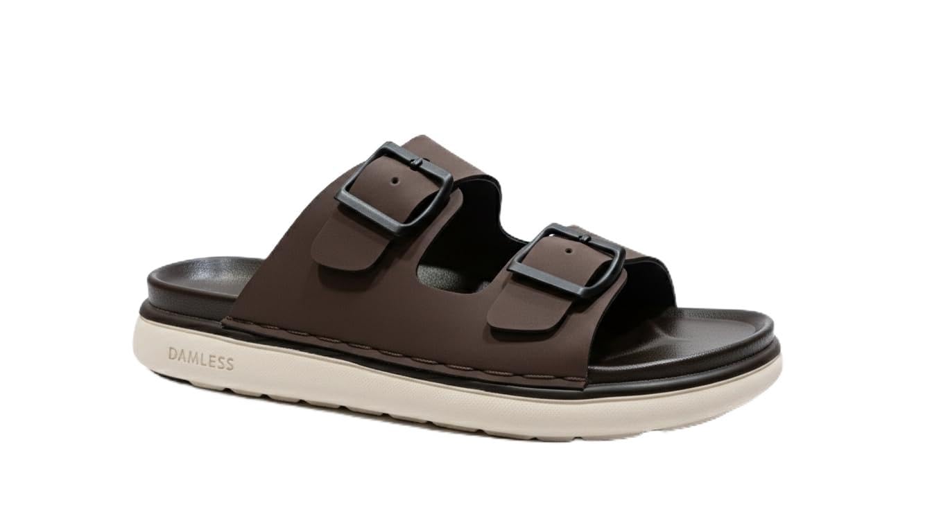 Men's Double Buckle Slide Sandals, Black with Contrast White Sole, Open Toe-image-4