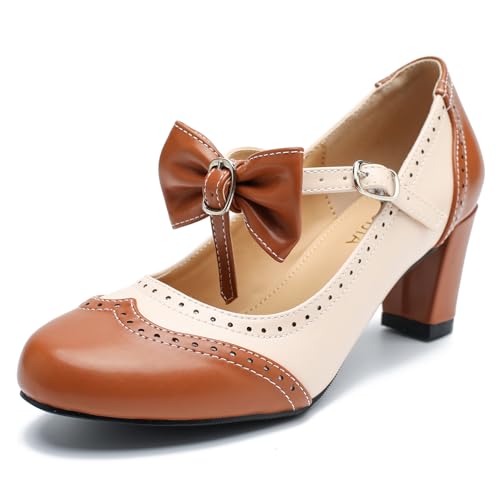 LIURUIJIA Women's Chic Bow Mary Janes Chunky Heels Ankle Strap Vintage Oxfords Pumps Cute Kawaii Dress Shoes Brown 8