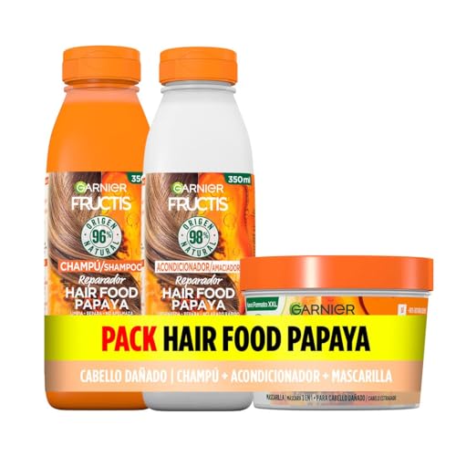 Garnier Fructis Pack Hair Food Papaya Champú, Acondicionador y Mascarilla, Desenreda, Reparación...