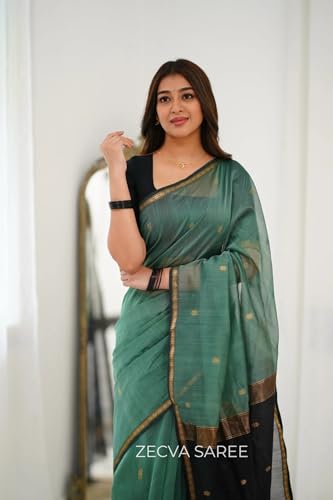 Image of ZECVA Women's Pure Soft Spun Cotton Lichi Silk Saree For Women With Attach Unstitch Blouse Piece