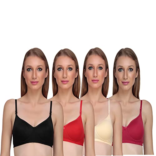 Image of Women Non Padded Bra - Made of Pure Cotton Full Coverage Non Wired Seamless Pushup Soft Cup for T-Shirt Saree Dress and for Everyday (Pack of 4)