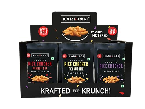 Image of Kari Kari Rice Crackers Variety Pack (20g X Pack of 24) | Chilli Garlic (8pcs), Salt Pepper (8pcs) & Sesame Soy (8pcs) | Crunchy Japanese Snacks | Roasted, Non-Fried Healthy | 100% Vegetarian | Party